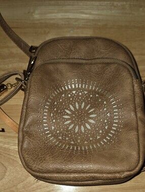 Women’s Tan Crossbody Bag with Laser-Cut Medallion